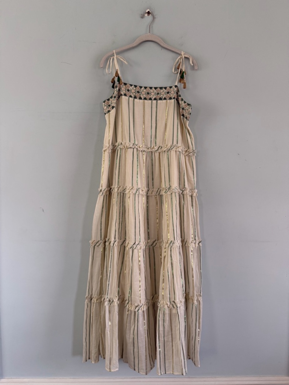 NWT Anthropologie x Ranna Gill Safa Tiered Cream Shimmer Boho Midi Dress - Picture 4 of 8
